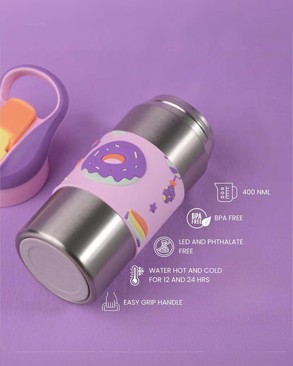 Theoni Siphappy Stainless Steel Straw Sipper-24 Hours Cold & 12 Hours Hot-Anti Skid Silicone Base-Crumbl Purple-400 ml