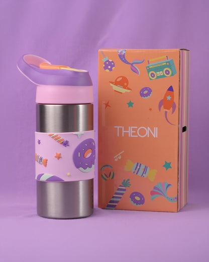 Theoni Siphappy Stainless Steel Straw Sipper-24 Hours Cold & 12 Hours Hot-Anti Skid Silicone Base-Crumbl Purple-400 ml