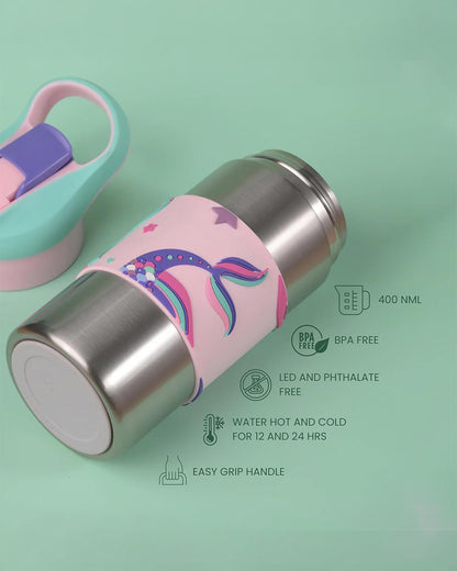 Theoni Siphappy Stainless Steel Straw Sipper-24 Hours Cold & 12 Hours Hot-Anti Skid Silicone Base-Pixi Pink-400 ml