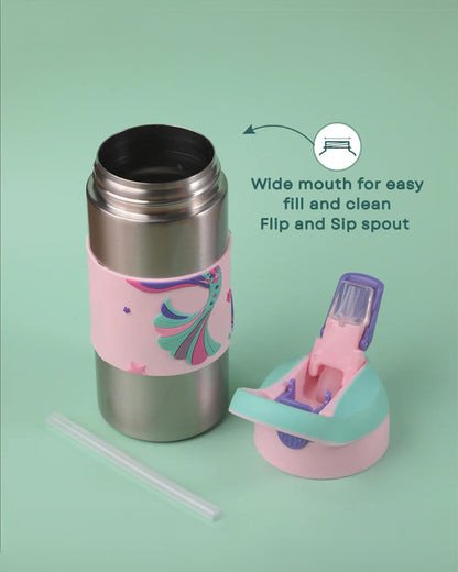 Theoni Siphappy Stainless Steel Straw Sipper-24 Hours Cold & 12 Hours Hot-Anti Skid Silicone Base-Pixi Pink-400 ml