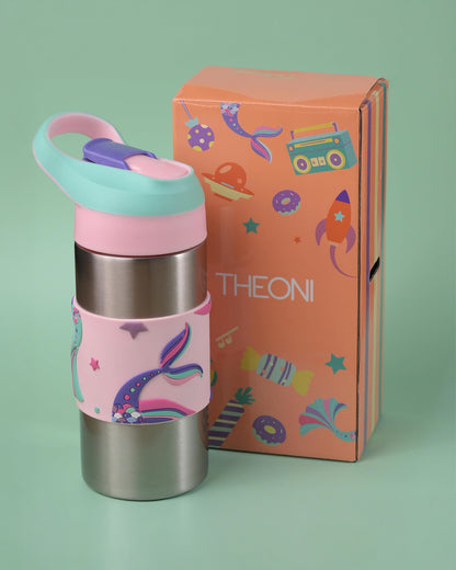 Theoni Siphappy Stainless Steel Straw Sipper-24 Hours Cold & 12 Hours Hot-Anti Skid Silicone Base-Pixi Pink-400 ml