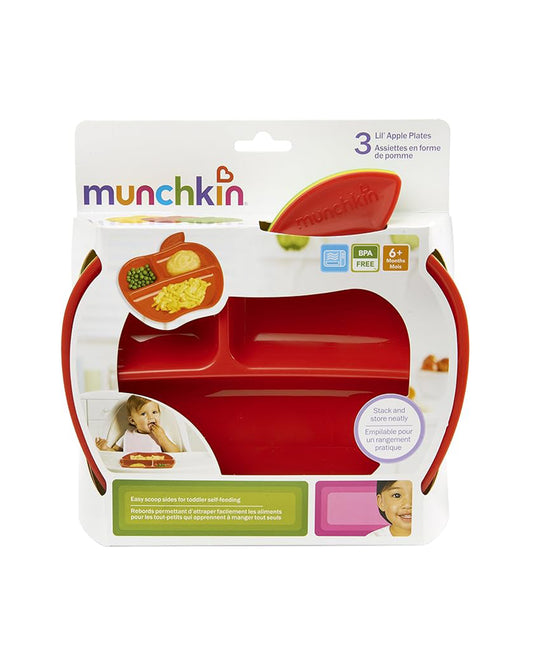 Munchkin Lil' Apple Shaped Plates-Divided Sections-BPA Free-Pack of 3-Multicolor-For Feeding Infants