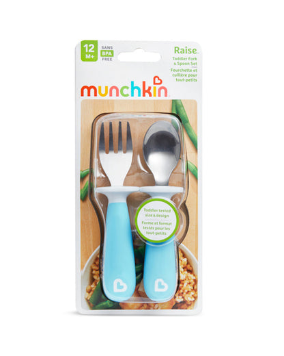 Munchkin Raise Spoon & Fork Set-Germ Protection-Easy Grip Handles-Blue-For Infants