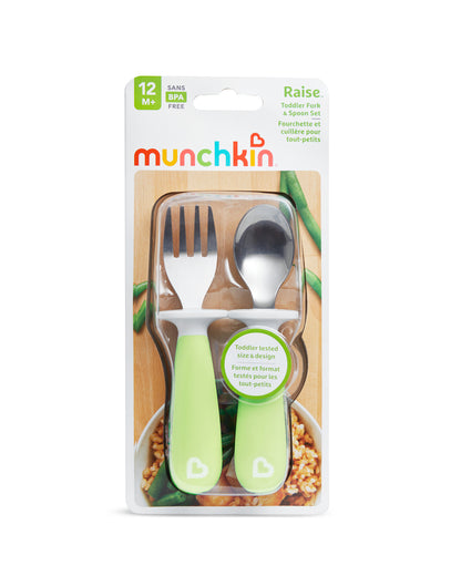 Munchkin RaiseTM Spoon & Fork Set-Germ Protection-Easy Grip Handles-Green-For Infants