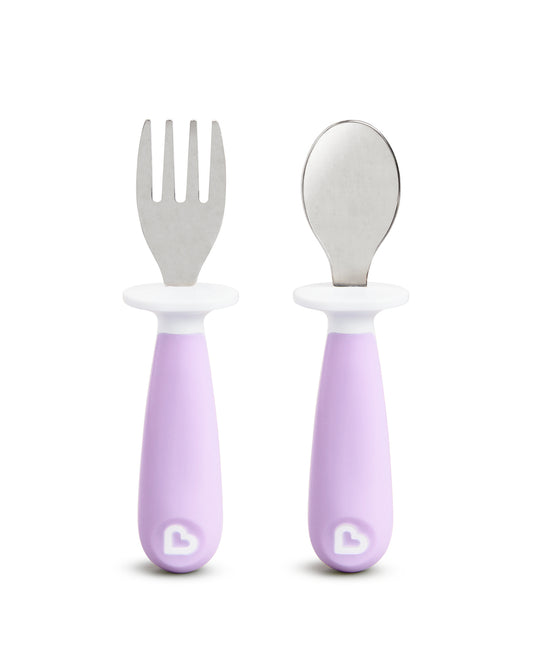 Munchkin Raise Spoon & Fork Set-Germ Protection-Easy Grip Handles-Purple-For Infants