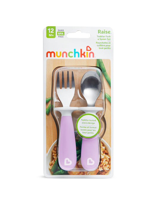 Munchkin Raise Spoon & Fork Set-Germ Protection-Easy Grip Handles-Purple-For Infants