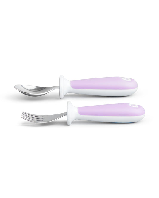 Munchkin Raise Spoon & Fork Set-Germ Protection-Easy Grip Handles-Purple-For Infants