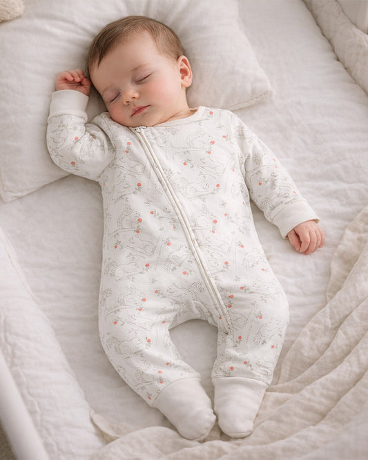Tiny Twig White Sleepsuit-Squirrel Print-Organic Cotton-For Infants