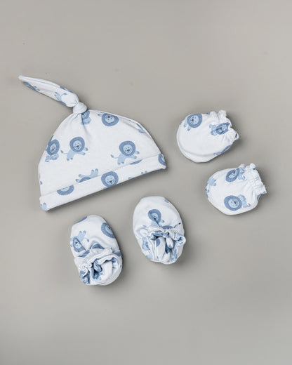 BeeLittle Blue & White Cap, Booties & Mittens Set-Lion Print-Cotton-For Infants