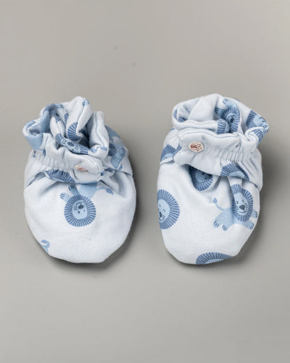 BeeLittle Blue & White Cap, Booties & Mittens Set-Lion Print-Cotton-For Infants