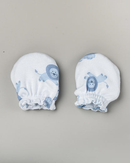 BeeLittle Blue & White Cap, Booties & Mittens Set-Lion Print-Cotton-For Infants