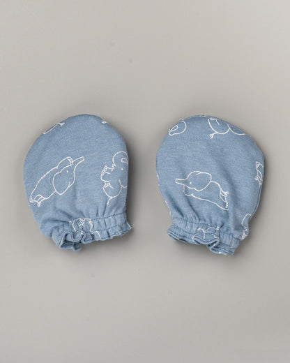 BeeLittle Blue Cap, Booties & Mittens Set-Elephant Print-Cotton-For Infants