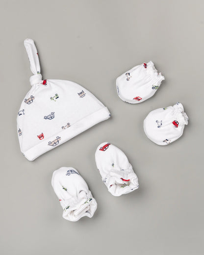BeeLittle White Cap, Booties & Mittens Set-Traffic Jam Print-Cotton-For Infants