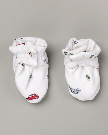 BeeLittle White Cap, Booties & Mittens Set-Traffic Jam Print-Cotton-For Infants