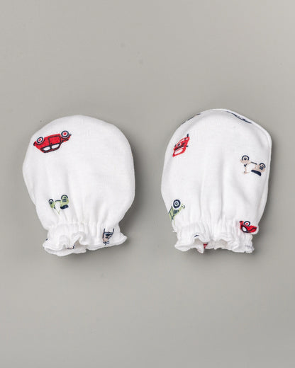 BeeLittle White Cap, Booties & Mittens Set-Traffic Jam Print-Cotton-For Infants
