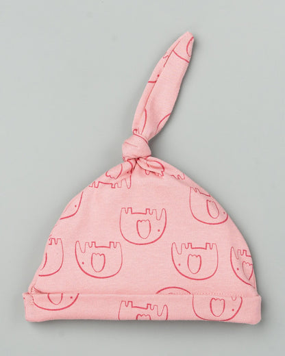 BeeLittle Pastel Pink Cap, Booties & Mittens Set-Rosewood Ellies Print-Cotton-For Infants