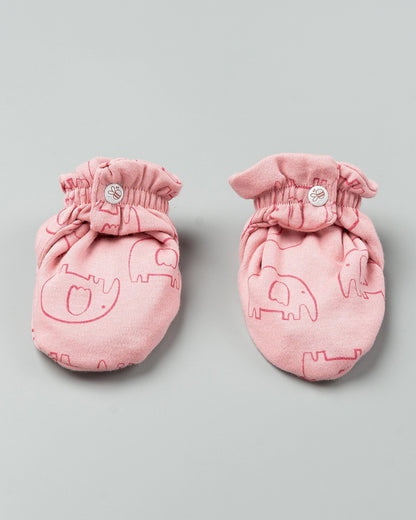 BeeLittle Pastel Pink Cap, Booties & Mittens Set-Rosewood Ellies Print-Cotton-For Infants
