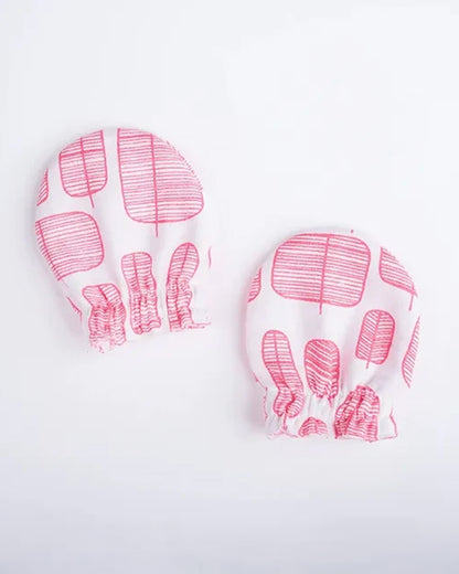 BeeLittle White & Pink Mittens-Woofy Leafy Print-Organic Muslin-For Infants