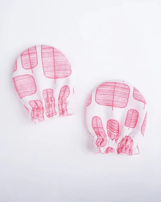 BeeLittle White & Pink Mittens-Woofy Leafy Print-Organic Muslin-For Infants