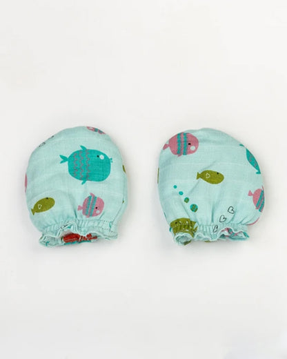 BeeLittle Blue Mittens-Fish Print-Organic Muslin-For Infants
