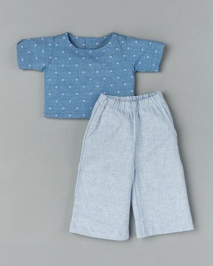 BeeLittle Light Blue Top & Pant Set-Polka Dots Print-Cotton-For Infants