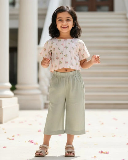 BeeLittle Peach & Sage Green Top & Pant Set-Floral Print-Cotton-For Infants