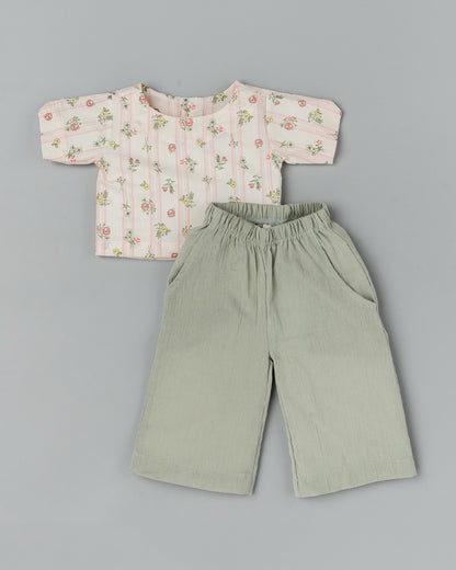 BeeLittle Peach & Sage Green Top & Pant Set-Floral Print-Cotton-For Infants