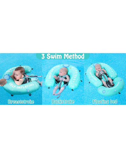Mambobaby Chest Float Swimming Tube-Self Inflating Design with 5 Point Safety Harness & 3 Swim Modes, UPF 50+ Canopy Protection & Detachable Footrest-Upto 18 kg Baby Weight-Outer Space-Green
