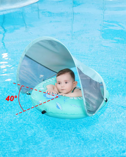 Mambobaby Chest Float Swimming Tube-Self Inflating Design with 5 Point Safety Harness & 3 Swim Modes, UPF 50+ Canopy Protection & Detachable Footrest-Upto 18 kg Baby Weight-Outer Space-Green
