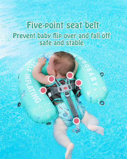 Mambobaby Chest Float Swimming Tube-Self Inflating Design with 5 Point Safety Harness & 3 Swim Modes, UPF 50+ Canopy Protection & Detachable Footrest-Upto 18 kg Baby Weight-Outer Space-Green