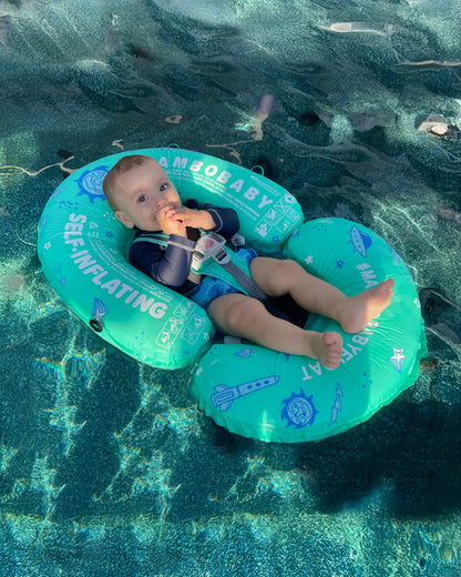 Mambobaby Chest Float Swimming Tube-Self Inflating Design with 5 Point Safety Harness & 3 Swim Modes, UPF 50+ Canopy Protection & Detachable Footrest-Upto 18 kg Baby Weight-Outer Space-Green