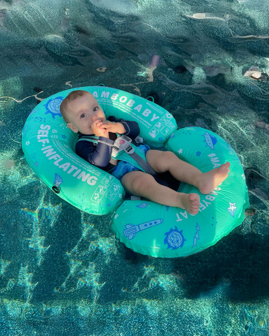 Mambobaby Chest Float Swimming Tube-Self Inflating Design with 5 Point Safety Harness & 3 Swim Modes, UPF 50+ Canopy Protection & Detachable Footrest-Upto 18 kg Baby Weight-Outer Space-Green
