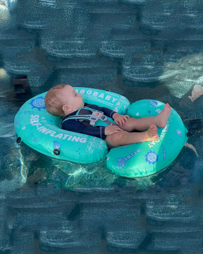 Mambobaby Chest Float Swimming Tube-Self Inflating Design with 5 Point Safety Harness & 3 Swim Modes, UPF 50+ Canopy Protection & Detachable Footrest-Upto 18 kg Baby Weight-Outer Space-Green
