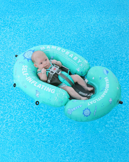 Mambobaby Chest Float Swimming Tube-Self Inflating Design with 5 Point Safety Harness & 3 Swim Modes, UPF 50+ Canopy Protection & Detachable Footrest-Upto 18 kg Baby Weight-Outer Space-Green