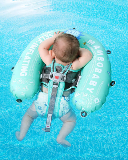 Mambobaby Chest Float Swimming Tube-Self Inflating Design with 5 Point Safety Harness & 3 Swim Modes, UPF 50+ Canopy Protection & Detachable Footrest-Upto 18 kg Baby Weight-Outer Space-Green