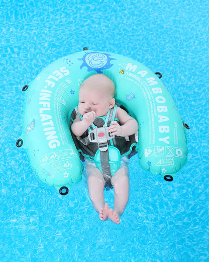 Mambobaby Chest Float Swimming Tube-Self Inflating Design with 5 Point Safety Harness & 3 Swim Modes, UPF 50+ Canopy Protection & Detachable Footrest-Upto 18 kg Baby Weight-Outer Space-Green