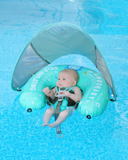 Mambobaby Chest Float Swimming Tube-Self Inflating Design with 5 Point Safety Harness & 3 Swim Modes, UPF 50+ Canopy Protection & Detachable Footrest-Upto 18 kg Baby Weight-Outer Space-Green