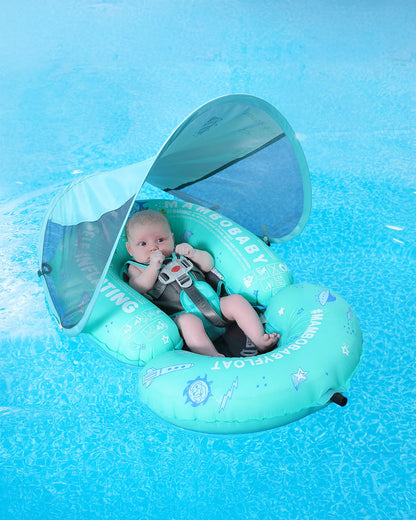 Mambobaby Chest Float Swimming Tube-Self Inflating Design with 5 Point Safety Harness & 3 Swim Modes, UPF 50+ Canopy Protection & Detachable Footrest-Upto 18 kg Baby Weight-Outer Space-Green