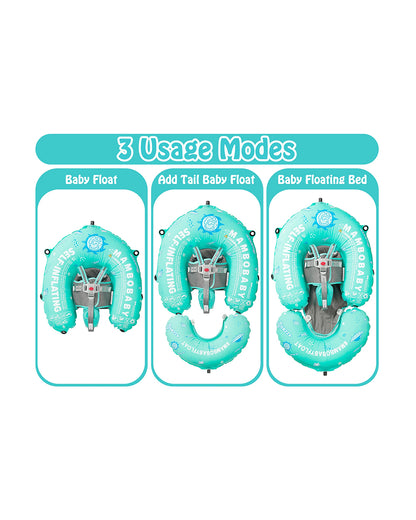 Mambobaby Chest Float Swimming Tube-Self Inflating Design with 5 Point Safety Harness & 3 Swim Modes, UPF 50+ Canopy Protection & Detachable Footrest-Upto 18 kg Baby Weight-Outer Space-Green