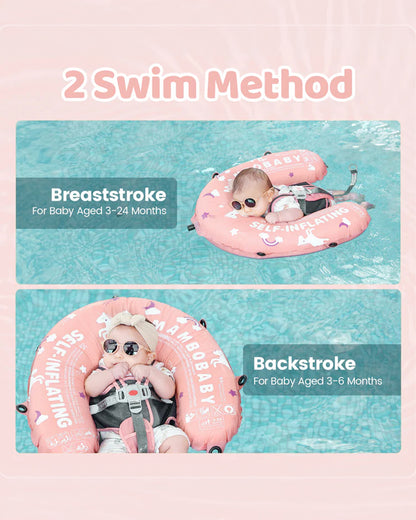 Mambobaby Chest Float Swimming Tube-Self Inflating Design with 5 Point Safety Harness & 3 Swim Modes, UPF 50+ Canopy Protection-Upto 18 kg Baby Weight-Unicorn-Pink