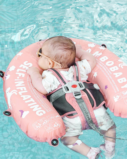 Mambobaby Chest Float Swimming Tube-Self Inflating Design with 5 Point Safety Harness & 3 Swim Modes, UPF 50+ Canopy Protection-Upto 18 kg Baby Weight-Unicorn-Pink
