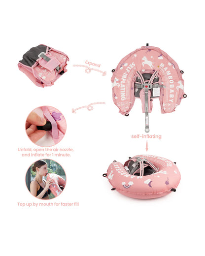 Mambobaby Chest Float Swimming Tube-Self Inflating Design with 5 Point Safety Harness & 3 Swim Modes, UPF 50+ Canopy Protection-Upto 18 kg Baby Weight-Unicorn-Pink