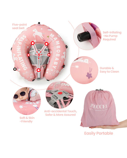 Mambobaby Chest Float Swimming Tube-Self Inflating Design with 5 Point Safety Harness & 3 Swim Modes, UPF 50+ Canopy Protection-Upto 18 kg Baby Weight-Unicorn-Pink