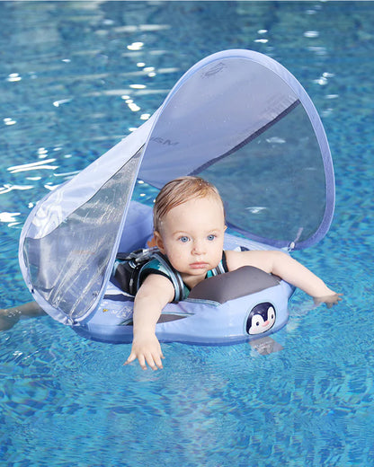 Mambobaby Chest Float Swimming Tube-Air Free Foam Design with 5 Point Safety Harness & 3 Swim Modes, UPF 50+ Detachable Flat Canopy-Upto 18 kg Baby Weight-Penguin-Purple