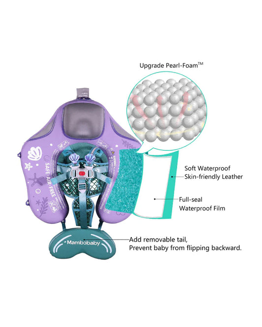 Mambobaby Chest Float Swimming Tube-Air Free Foam Design with 5 Point Safety Harness & 3 Swim Modes, UPF 50+ Detachable Flat Canopy-Upto 18 kg Baby Weight-Mermaid-Purple
