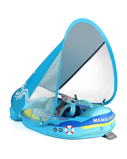 Mambobaby Chest Float Swimming Tube-Air Free Foam Design with 5 Point Safety Harness & 3 Swim Modes, UPF 50+ Detachable Flat Canopy-Upto 18 kg Baby Weight-Ship-Blue