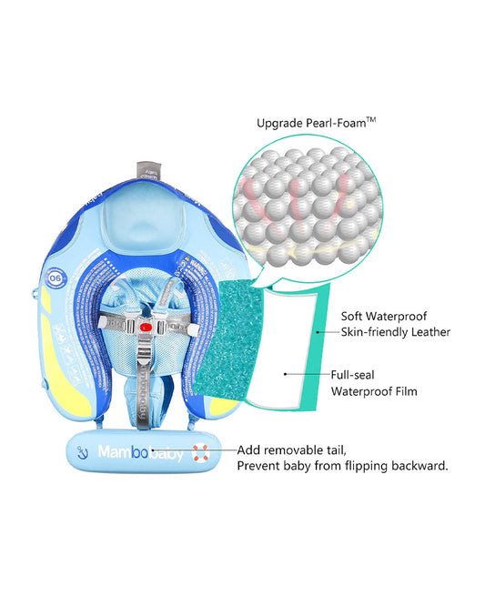 Mambobaby Chest Float Swimming Tube-Air Free Foam Design with 5 Point Safety Harness & 3 Swim Modes, UPF 50+ Detachable Flat Canopy-Upto 18 kg Baby Weight-Ship-Blue
