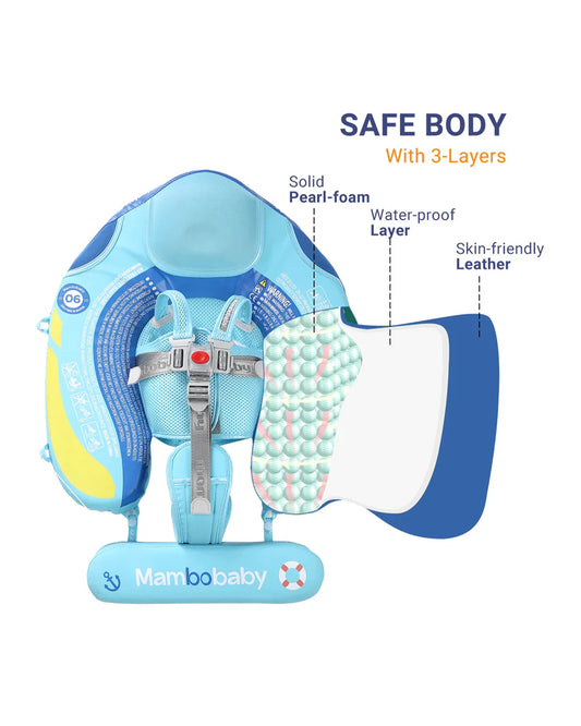 Mambobaby Chest Float Swimming Tube-Air Free Foam Design with 5 Point Safety Harness & 3 Swim Modes, UPF 50+ Detachable Flat Canopy-Upto 18 kg Baby Weight-Ship-Blue