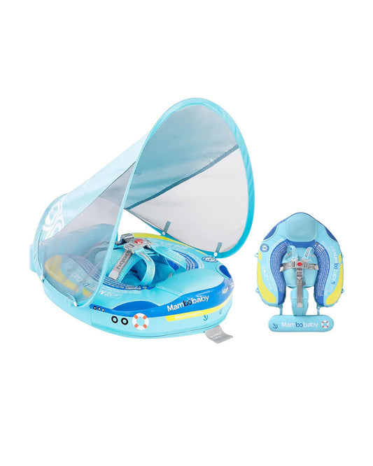 Mambobaby Chest Float Swimming Tube-Air Free Foam Design with 5 Point Safety Harness & 3 Swim Modes, UPF 50+ Detachable Flat Canopy-Upto 18 kg Baby Weight-Ship-Blue
