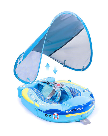 Mambobaby Chest Float Swimming Tube-Air Free Foam Design with 5 Point Safety Harness & 3 Swim Modes, UPF 50+ Detachable Flat Canopy-Upto 18 kg Baby Weight-Ship-Blue